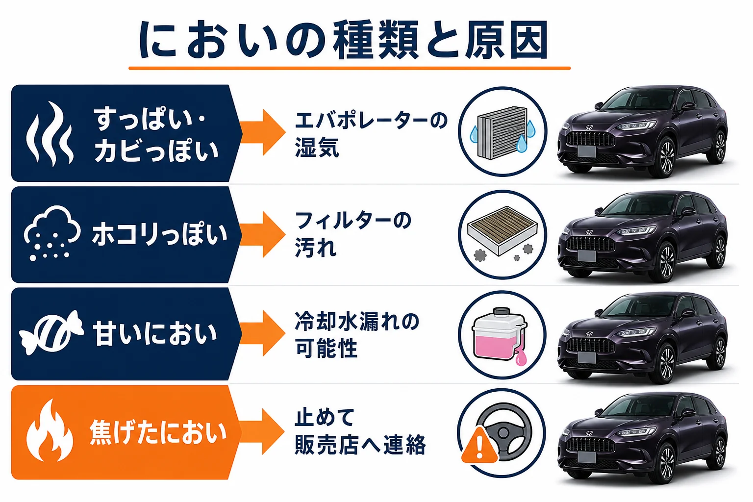ZR-Vのエアコンのにおいと効きの悪さの原因と対処を示した図解