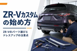 ガレージでSUVのパーツを確かめているイメージ