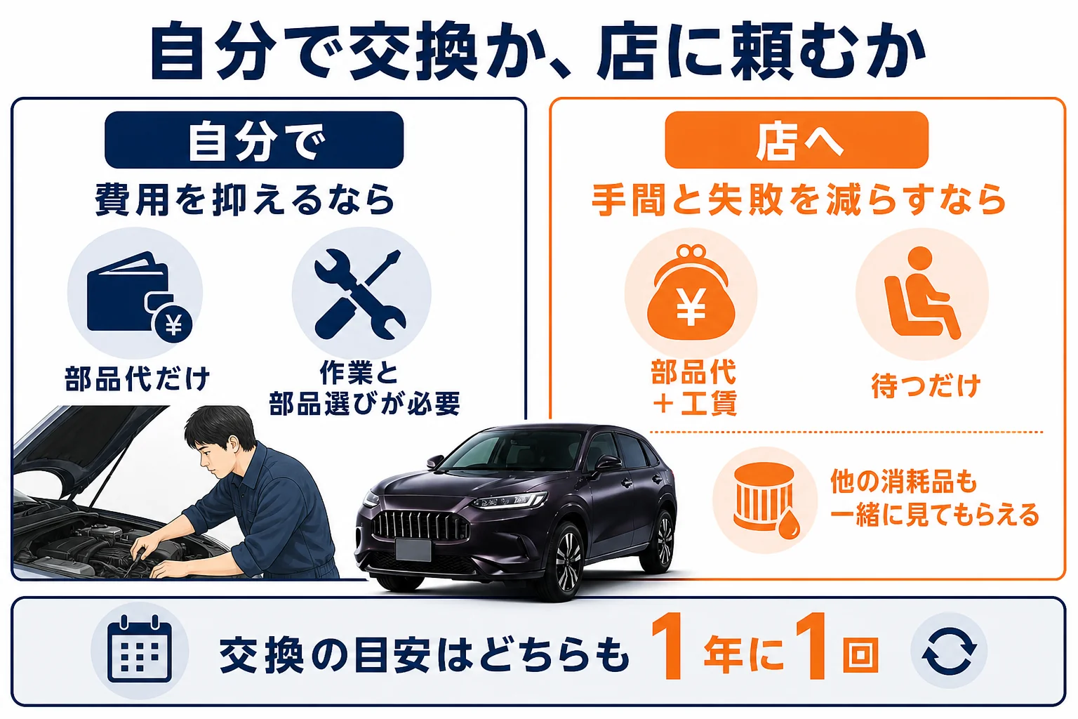 自分で交換する場合と店に頼む場合の違いを比べた図解