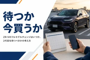 カレンダーを手に駐車場のSUVを眺める様子