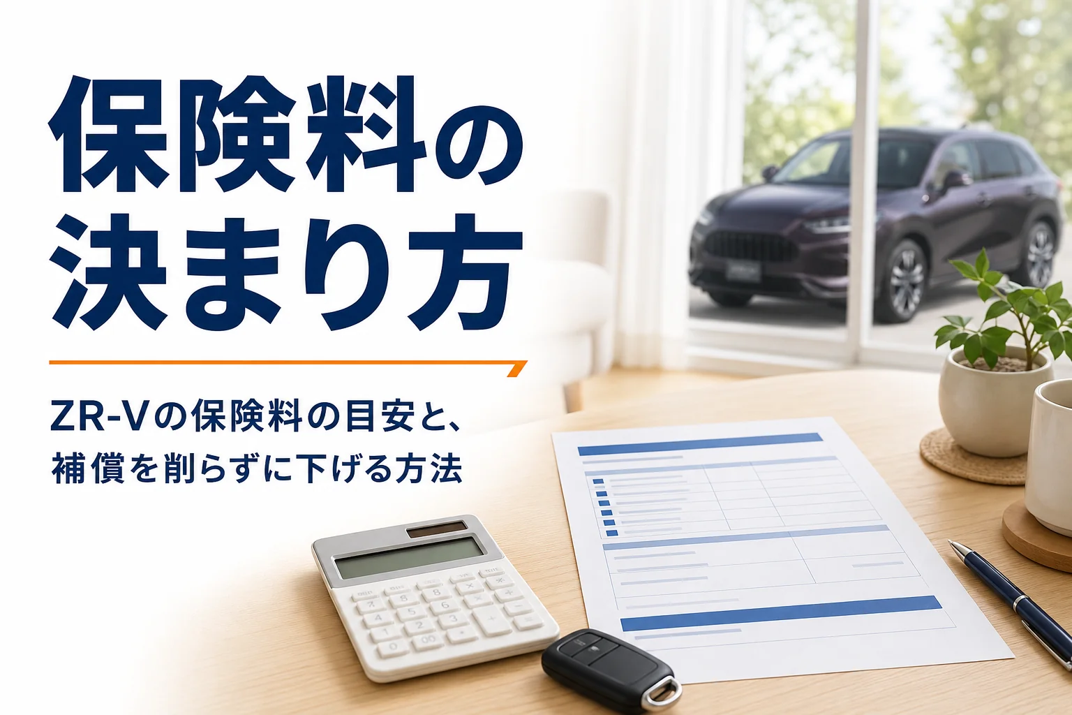 保険の見積書と電卓、車のキーが置かれたテーブル