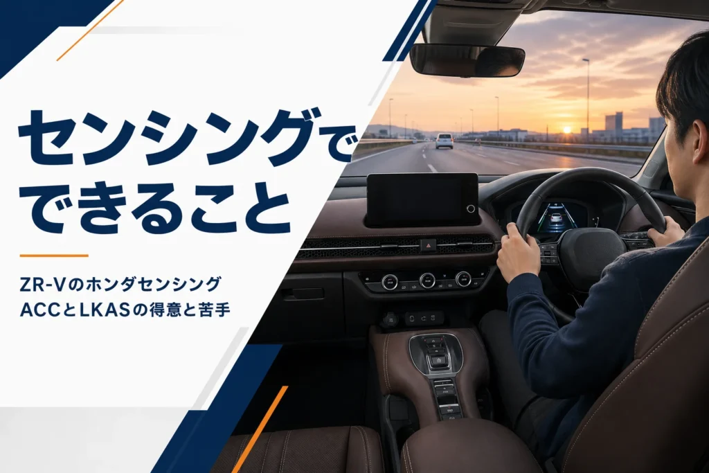 高速道路でハンドルに手を添えて運転支援を使うSUVの運転席