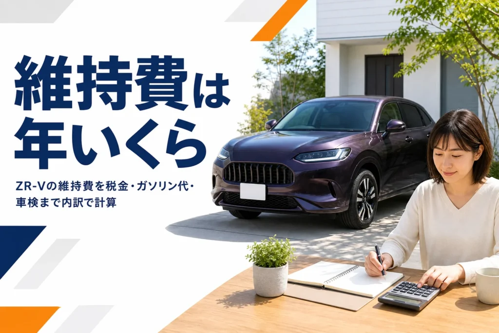 SUVの横で電卓と家計ノートを使って維持費を計算する様子