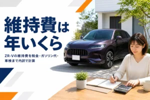 SUVの横で電卓と家計ノートを使って維持費を計算する様子