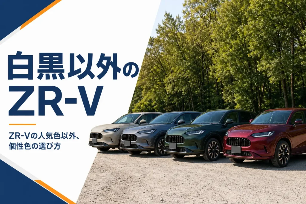 赤・緑・グレー・ベージュのSUVが自然の中に並んだイメージ