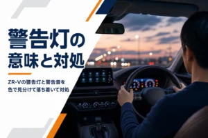 夕方の車内で光る液晶メーターとハンドル