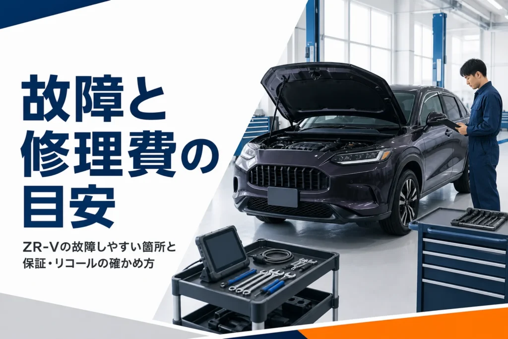 整備工場でボンネットを開けて点検中のSUV
