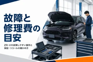 整備工場でボンネットを開けて点検中のSUV