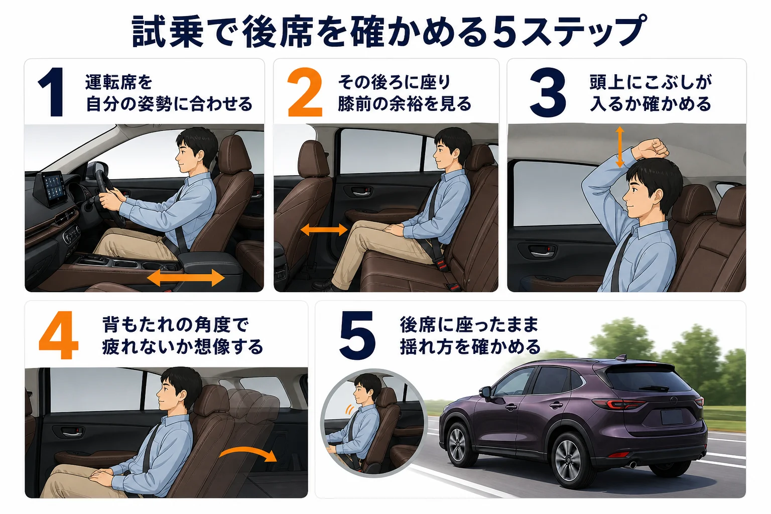 ZR-Vの後部座席を試乗で確かめる手順の図解