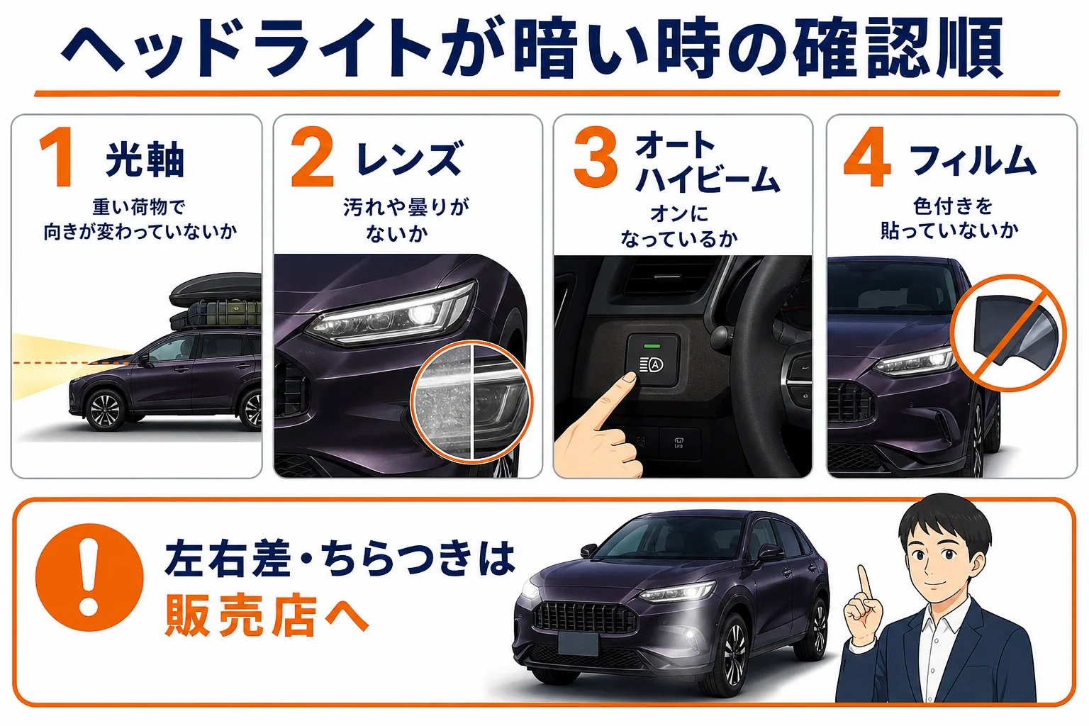 ZR-Vのヘッドライトが暗いと感じる時に確かめる順番の図解
