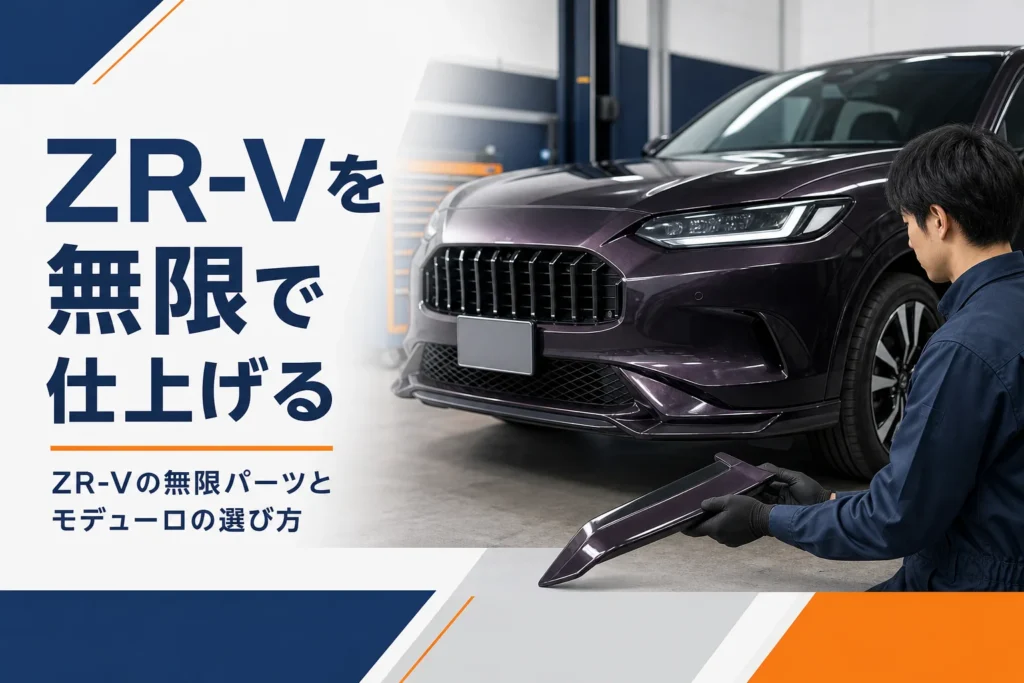 ガレージでSUVにエアロパーツを合わせているイメージ