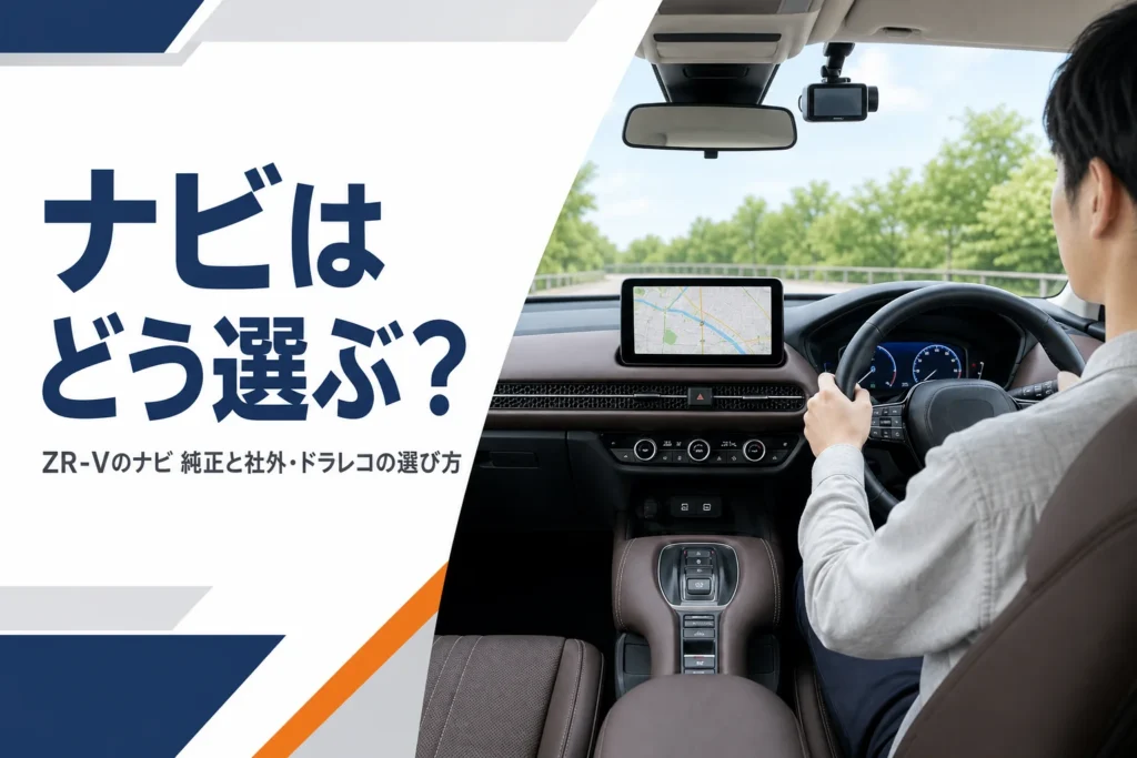 SUVのダッシュボード上の地図画面とルームミラー裏のドライブレコーダー
