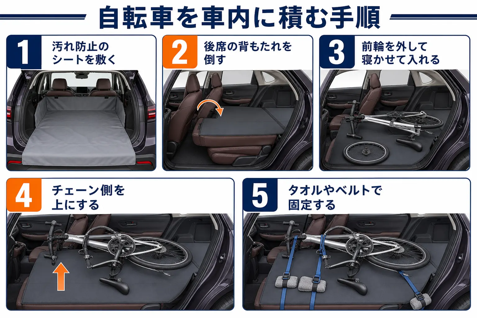 ZR-Vの車内に自転車を積む5つの手順の図