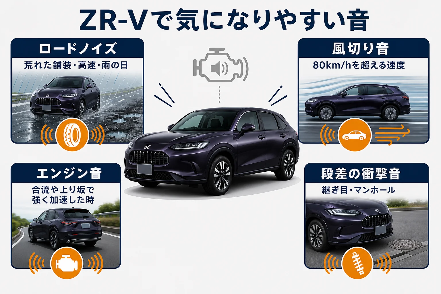 ZR-Vの走行中に出やすい4種類の音と場面の図