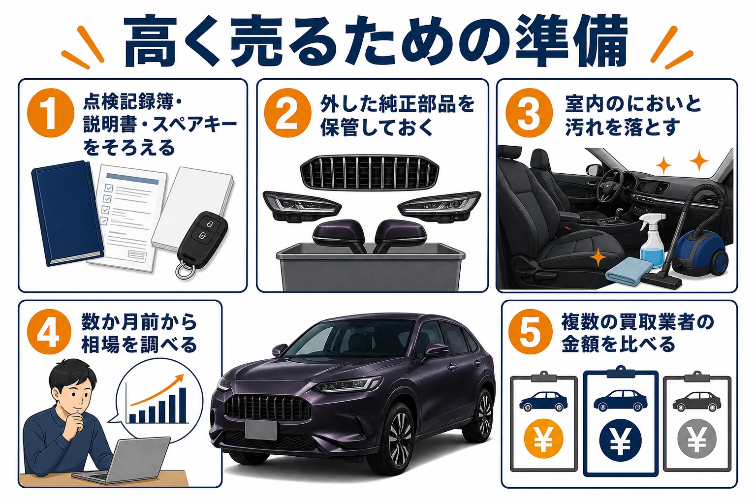 ZR-Vを高く売るための準備の手順を示した図解