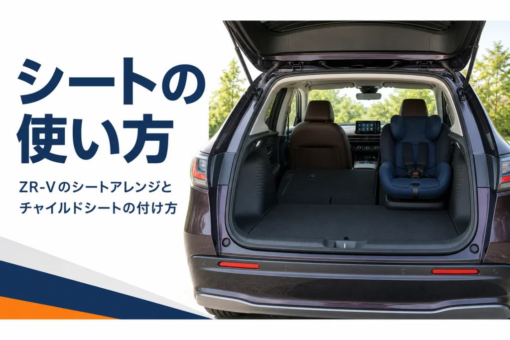 後部座席の片側を倒しチャイルドシートを付けたSUVの車内