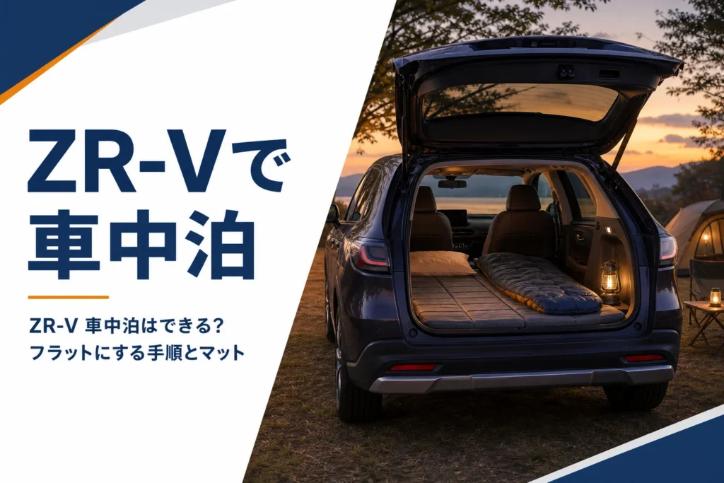キャンプ場でバックドアを開けたSUVの荷室にマットと寝袋を敷いた様子