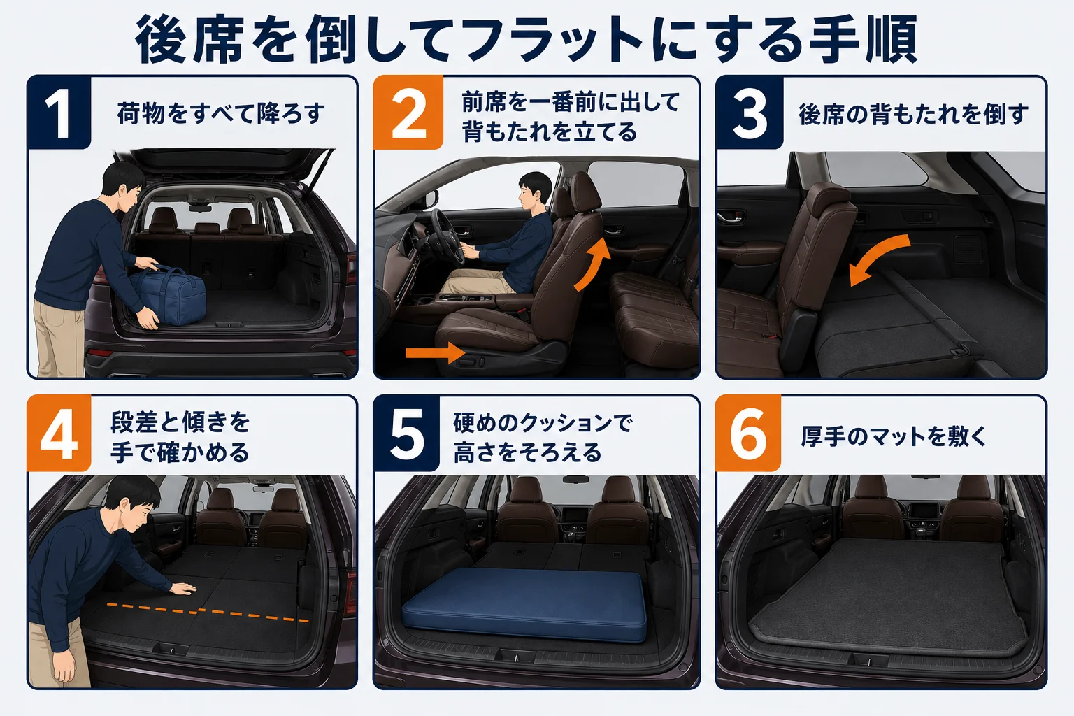 ZR-Vの後席を倒してフラットにする手順の図