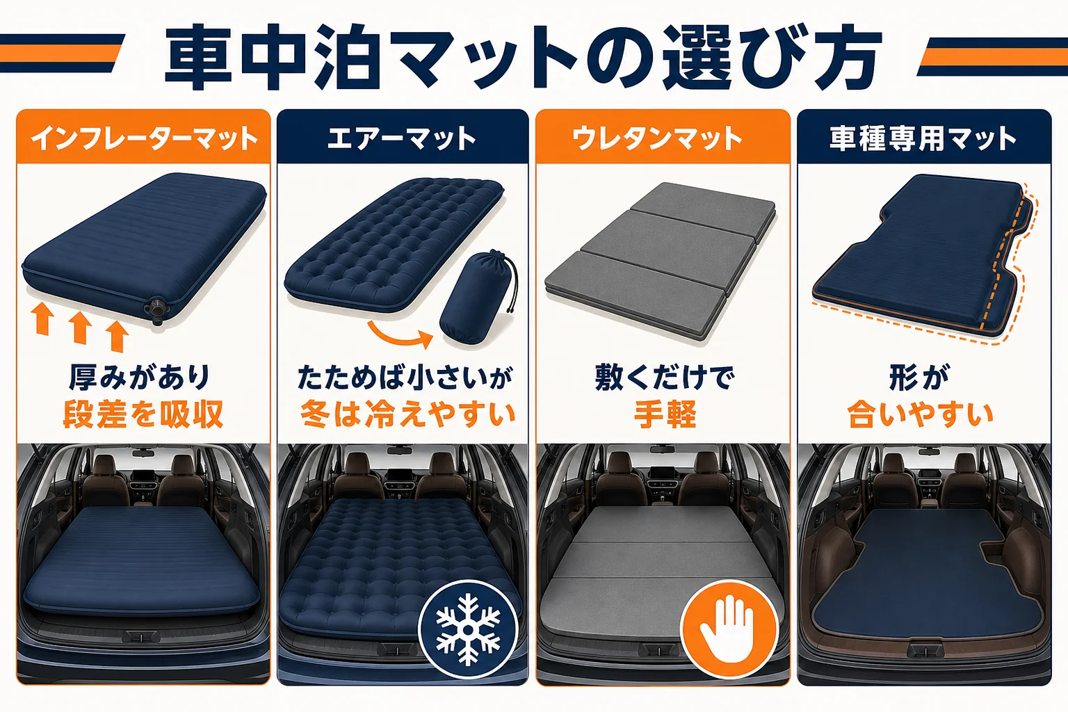 車中泊マット4種類の特徴を比べた図