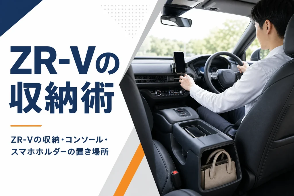 上下2段のセンターコンソールに小物とバッグを置いたSUVの車内