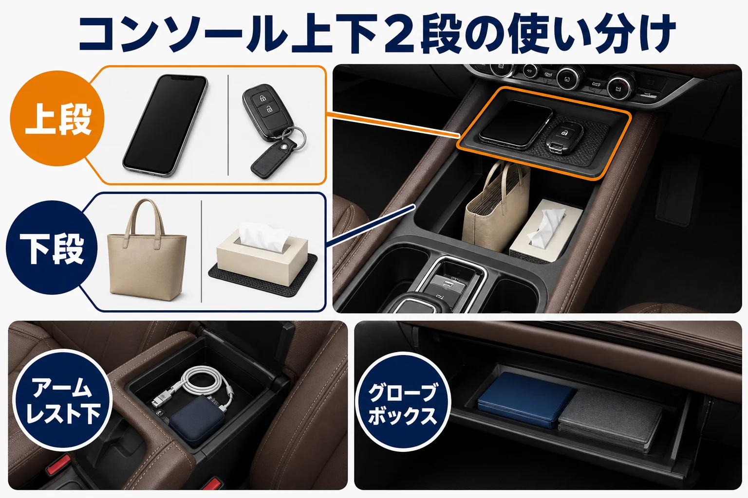 ZR-Vのセンターコンソール上下2段の使い分けを示した図解