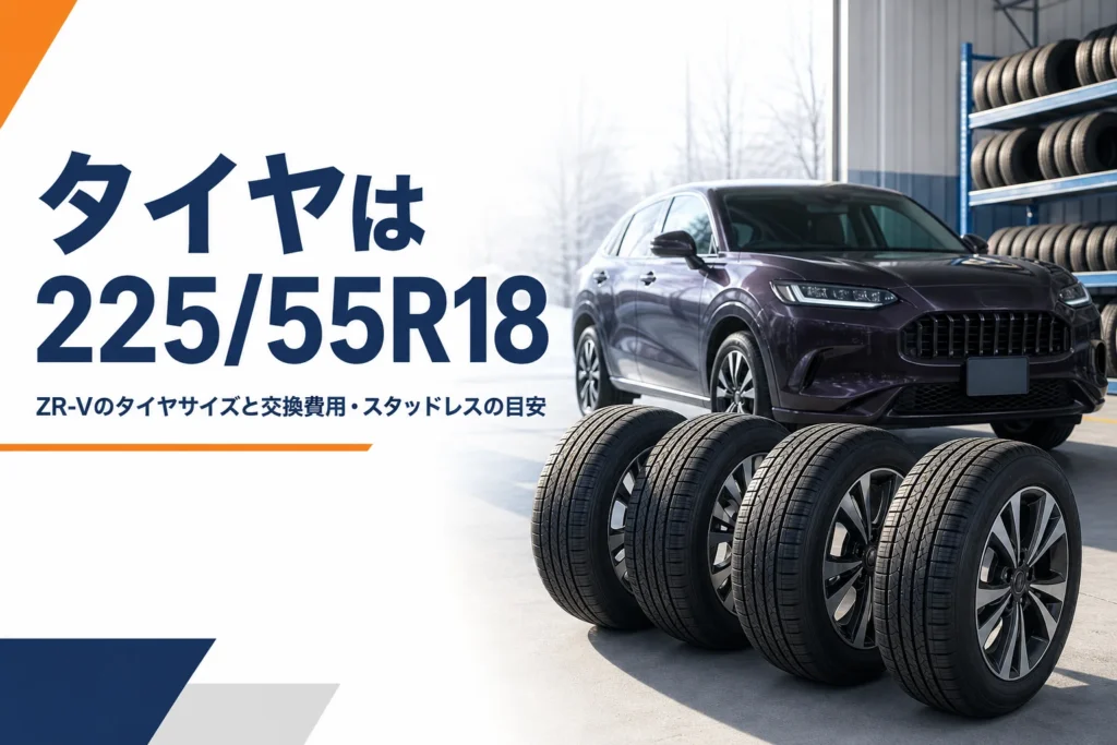 タイヤ店に並んだ18インチのタイヤと奥のSUV
