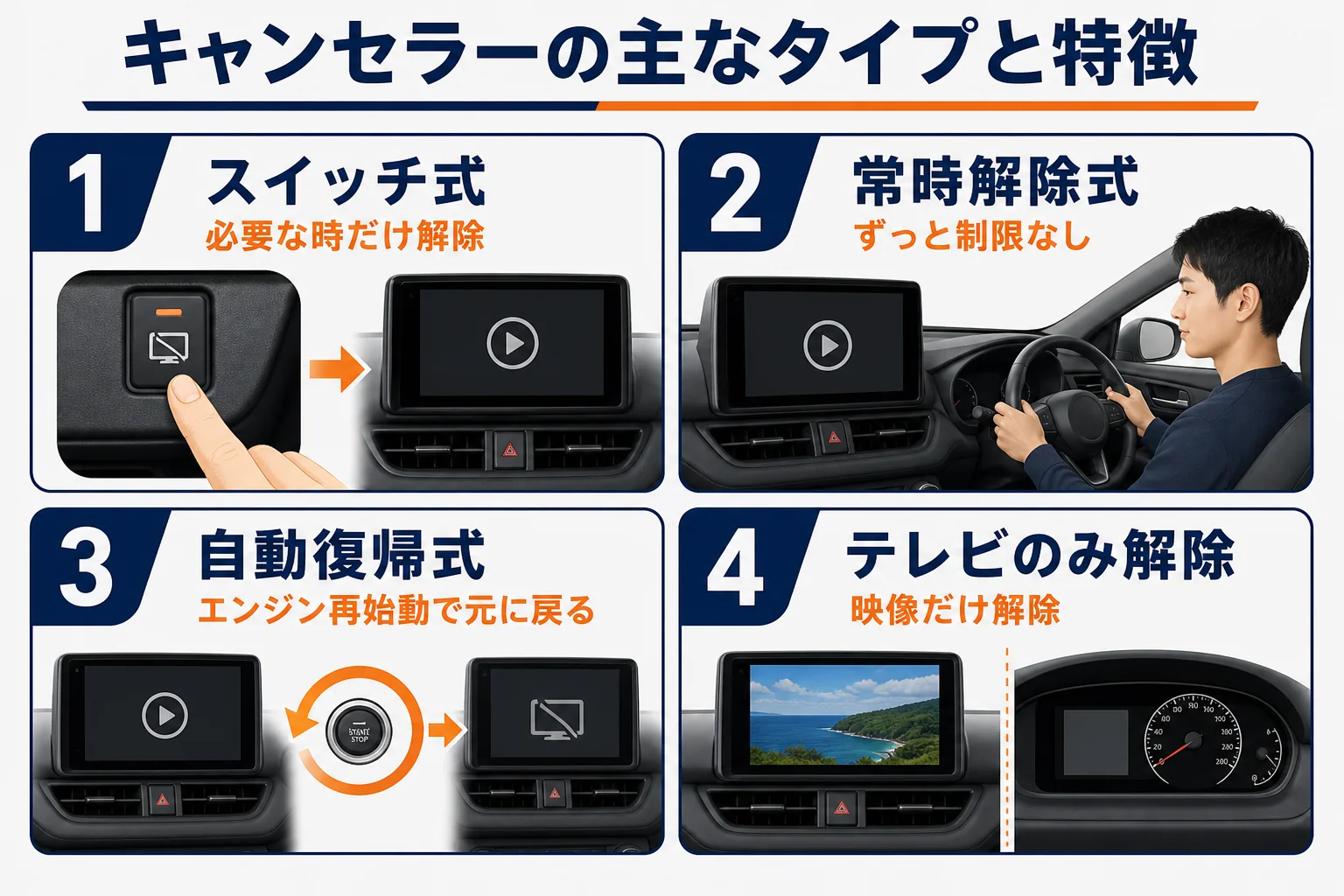 ZR-V用テレビキャンセラーの4タイプと特徴を比較した図解