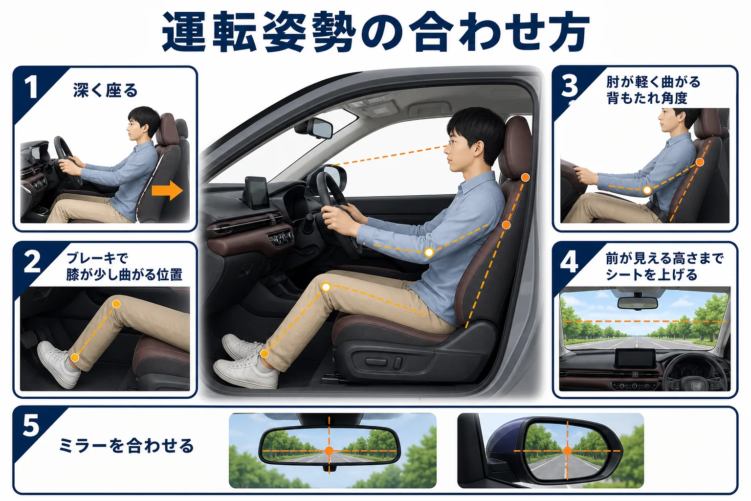 運転席のシートとミラーを合わせる5つの手順の図