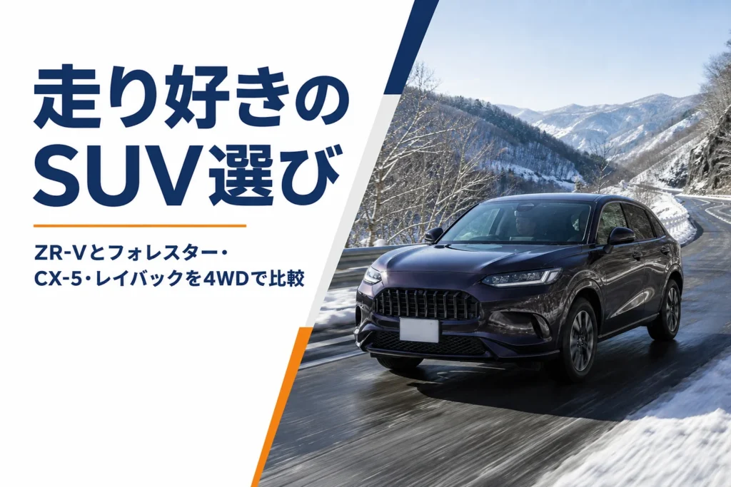 雪の残る山道を走るミドルサイズSUV