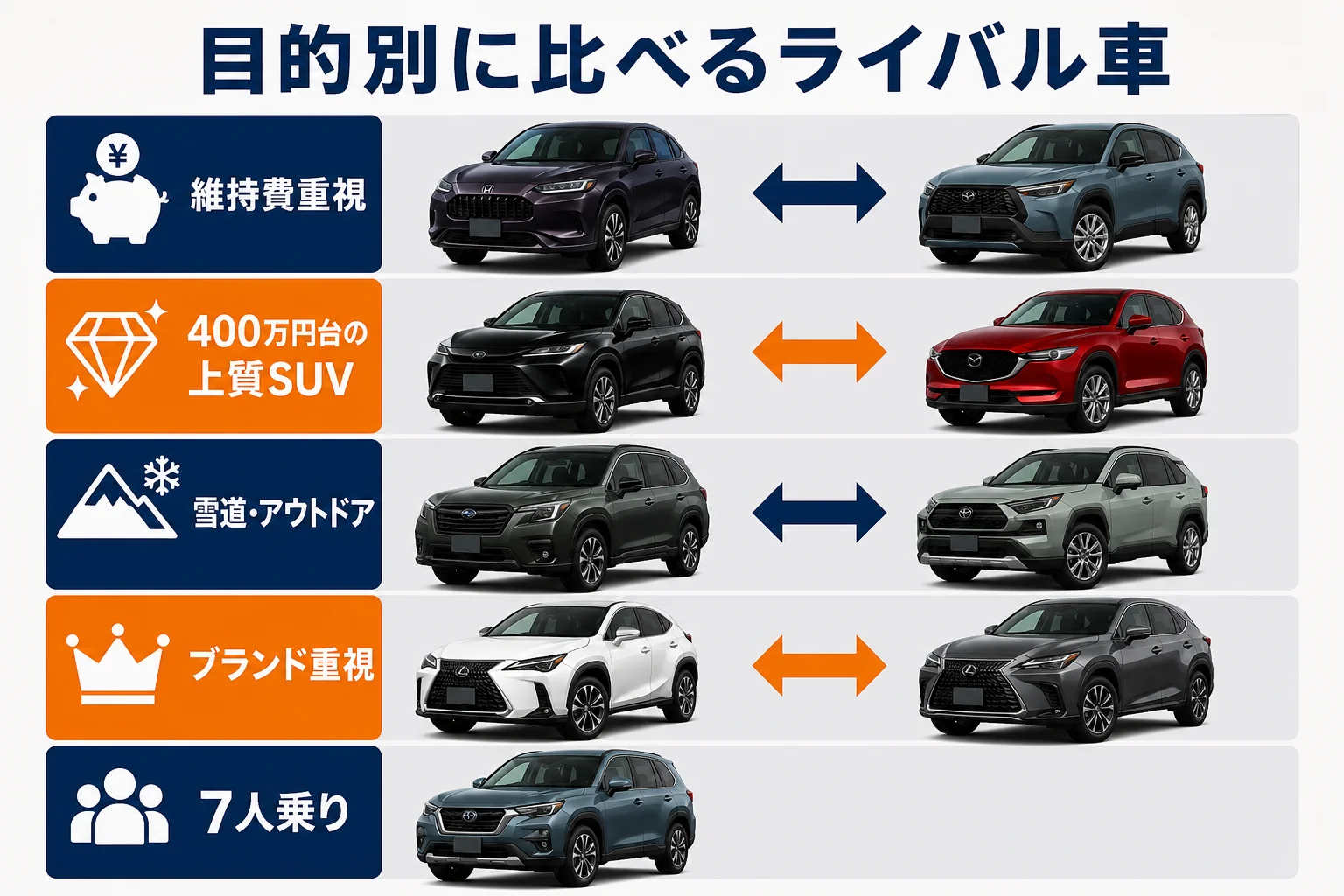 目的別にZR-Vと比べるべきライバル車を示した図解