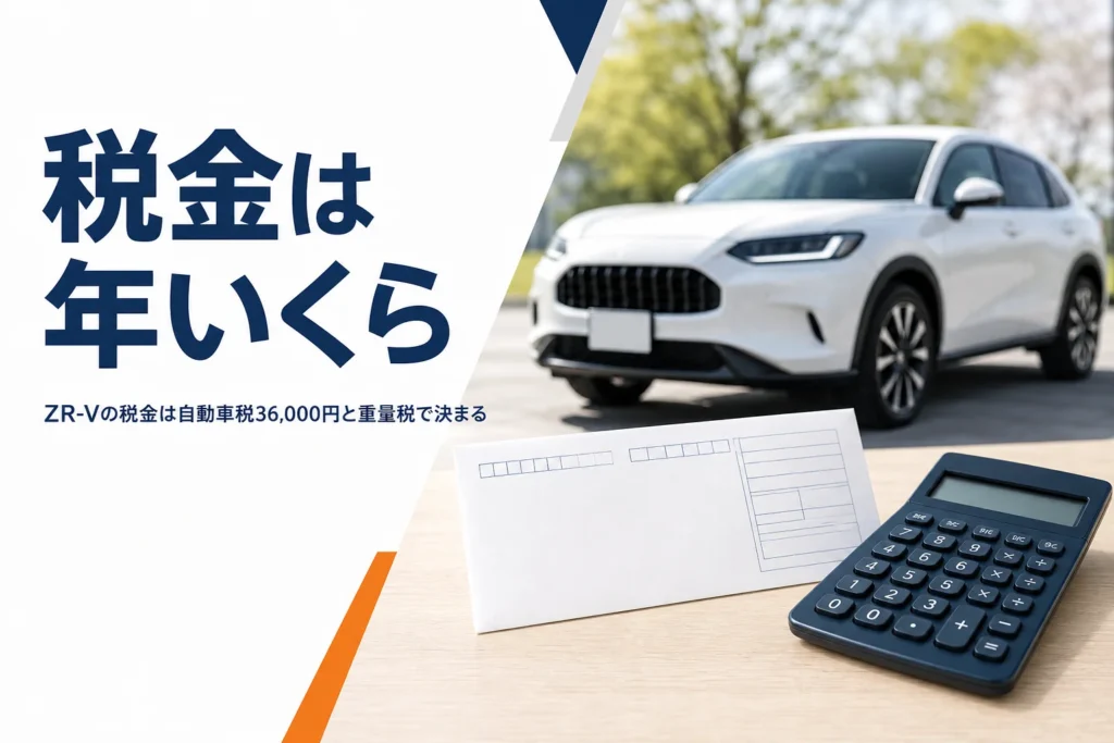 納付書の封筒と電卓、背景にSUVが写るテーブル